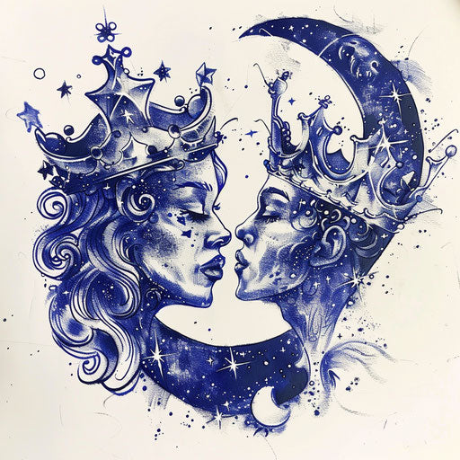 Celestial tattoo sketch of a king and queen with stars and moon motifs, midnight blue and white, clipart style