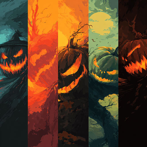 Five vertical panels featuring different pumpkin designs