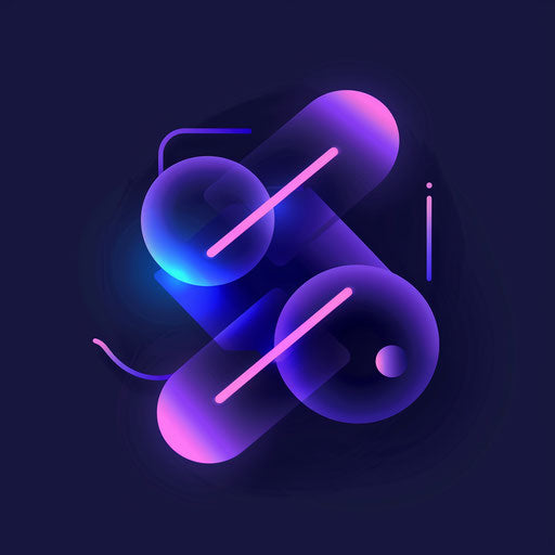 Neon logo with abstract shapes and clean design, purple and grey palette on dark background