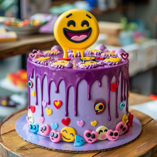Purple emoji cake with joyful and colorful expressions