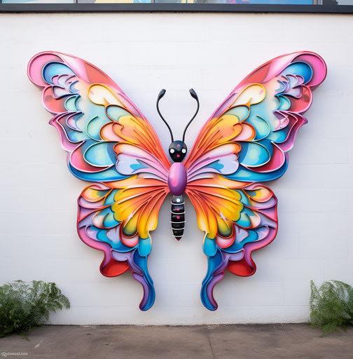 Colorful butterfly wall sculpture, airbrush art style, light pink and yellow