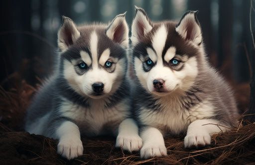 Siberian husky puppies sitting on the ground