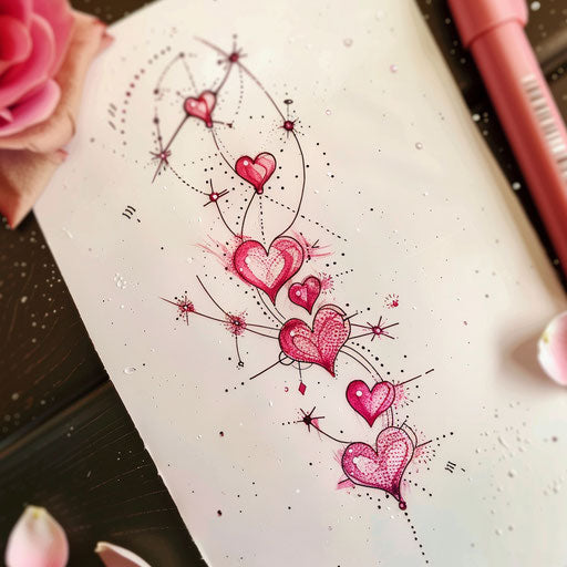 Romantic tattoo sketch of the Taurus constellation with heart motifs and shades of pink and red