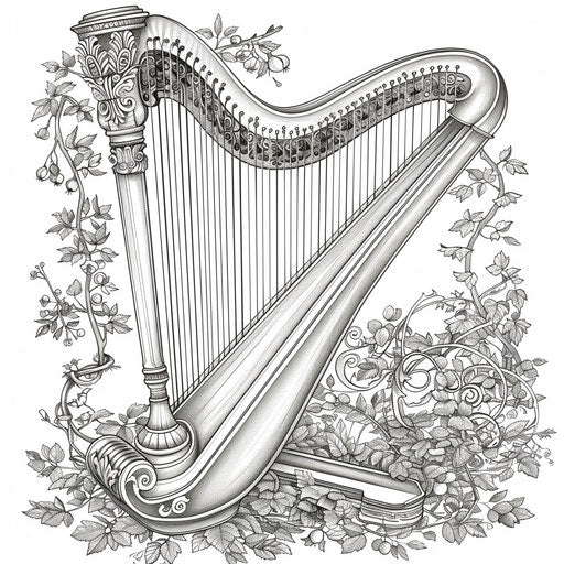 Detailed illustration of a harp with elegant strings. Coloring book page