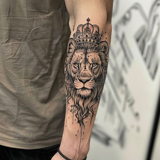 Spiritual tattoos of a lion with a crown on the forearm