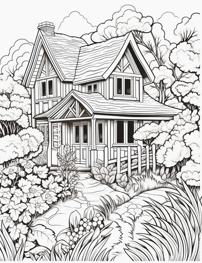 A black and white countryside house with colorful gardens