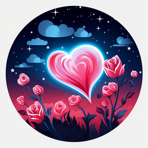 Luminous circle sticker with pink rose and red hearts
