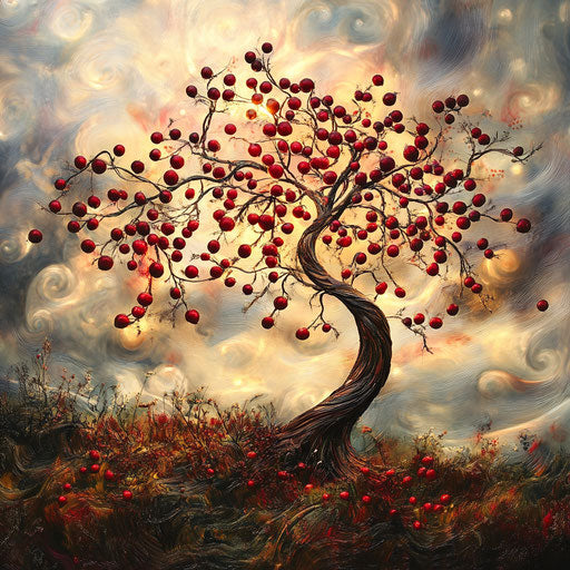 Whimsical tree with glowing red berries, swirling autumn winds