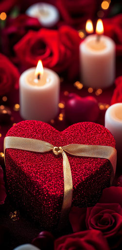 Red heart-shaped box with golden ribbon, romantic Valentine's Day