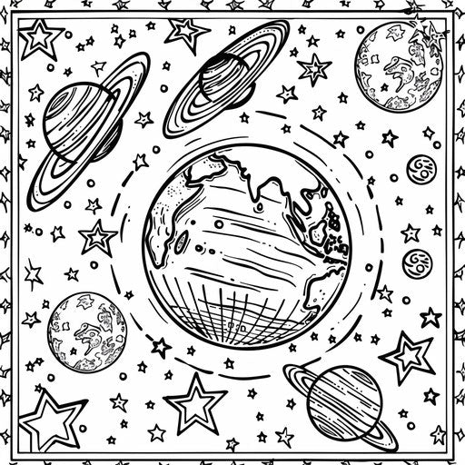 Earth Surrounded by Planets and Stars - Coloring Book Page