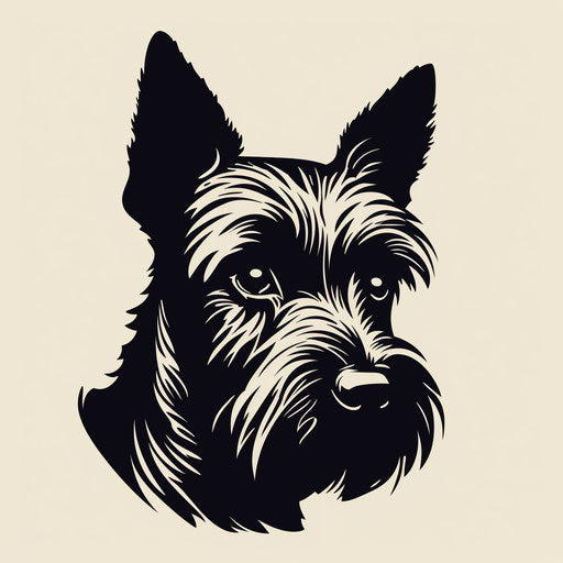 Silhouette of Scottish miniature terrier dog head, in Aleksandr Deyneka style