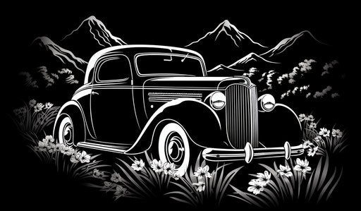 Black and white drawing of a car in a masculine style