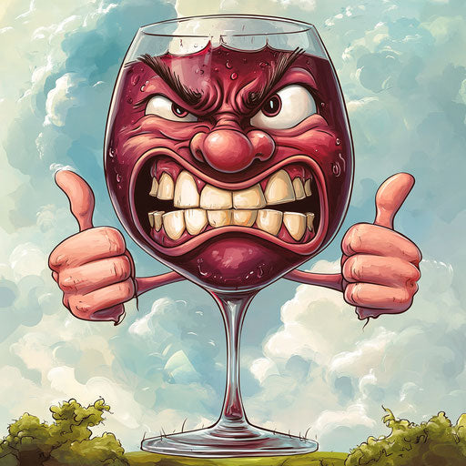 Humorous caricature of a wine caricature clipart with human characteristics, exaggerated grin teeth, long arms, cloudy sky, vibrant colors, cartoon style, thumbs down, high-resolution, no background, isolated