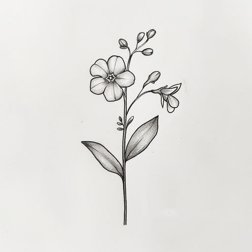 Fine art illustration of a delicate forget-me-not flower tattoo, on white studio paper