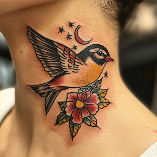 Small neck tattoos in Sailor Jerry style with traditional sparrow