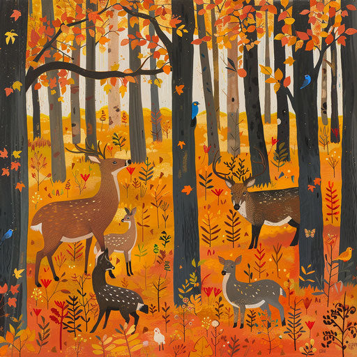 Animals in a vibrant New England fall forest