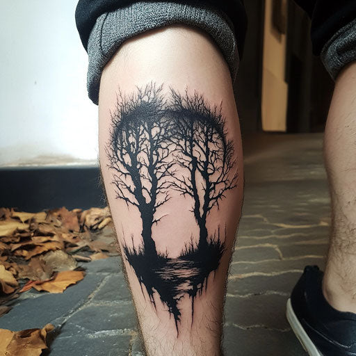 Men's knee tattoos with dark, haunting trees