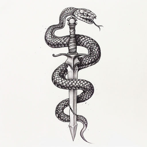 Contemporary tattoo sketch of a venomous snake wrapped around a dagger, flat style in silver and black