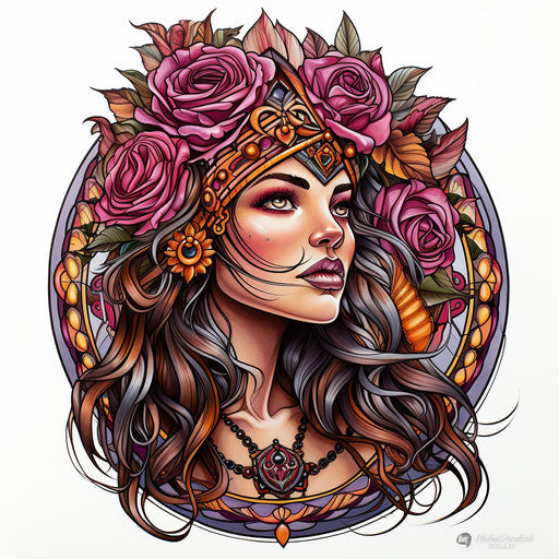 Woman with roses Indian tattoo design, Celtic art, subtle details