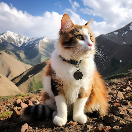 Calico cat sitting in front of mountain scenery