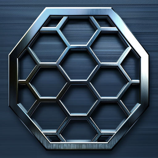 Hexagon clipart in photo realistic style with a flat random background, metallic sheen and realistic textures