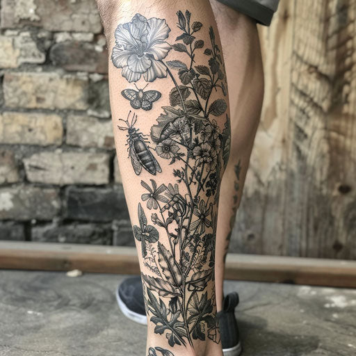 Botanical leg tattoo for men with flowers and insects