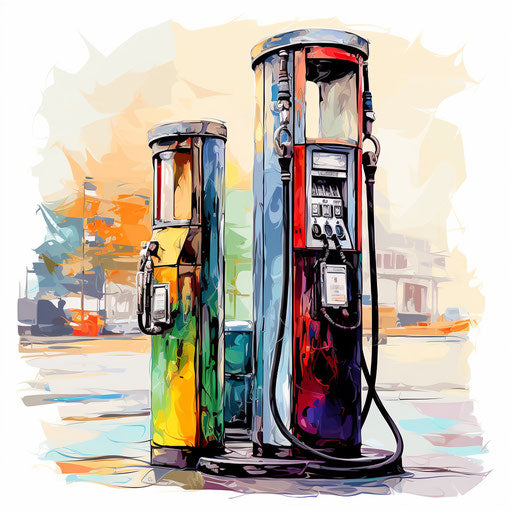 Gas pump illustration in the style of Impressionistic Art, on a white background
