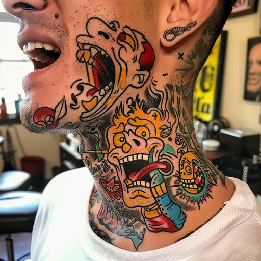 Throat tattoos with cartoonish flair, in the style of Steve Sack