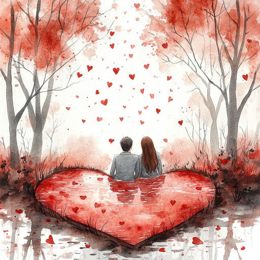 Heart-shaped lake with two people, romantic style