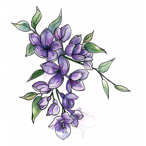 Elegant lilac tattoo design with soft purple and green hues