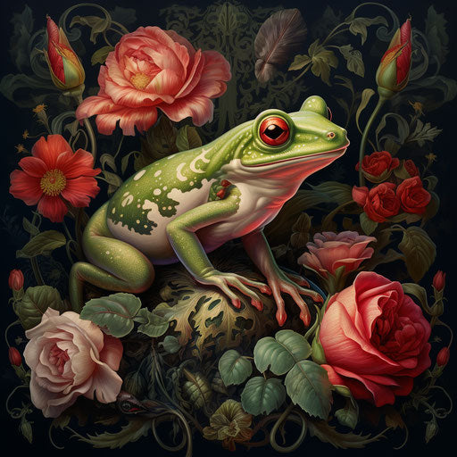 Frog on flower background with red roses