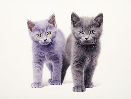 Two kittens standing side by side on white background
