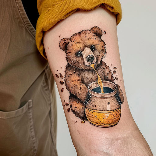 Honey tattoo of a bear dipping into a honey pot
