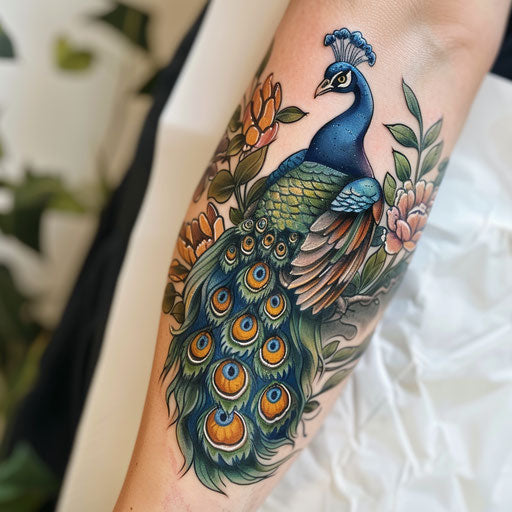 Illustrative peacock tattoo with storybook charm