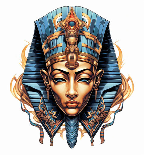 Sculpted pharaoh head, tattoo style, quiet potency