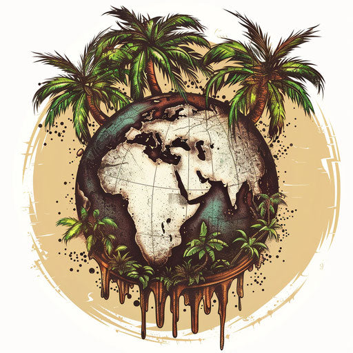 Exotic flat tattoo sketch of a globe showing exotic islands and palm trees, vibrant greens and browns, clipart design