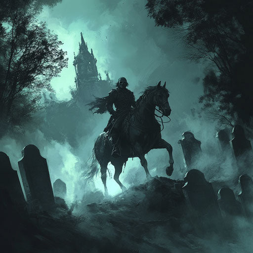 The headless rider in a misty graveyard on a skeletal horse