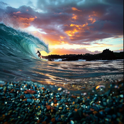Glass Beach with surfer under dramatic sky