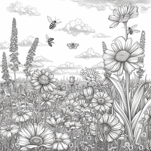 Field of wildflowers with bees and butterflies hovering
