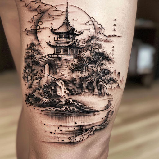 Elegant tattoo sketch of an oriental landscape