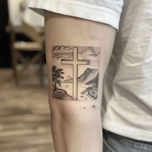 Strength cross tattoo with serene landscape scene