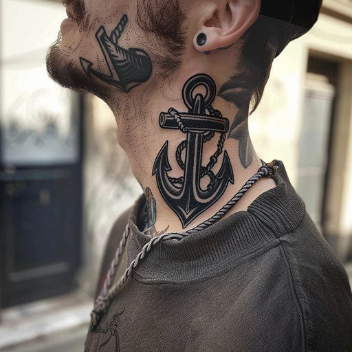 Side neck tattoos with an anchor and ropes