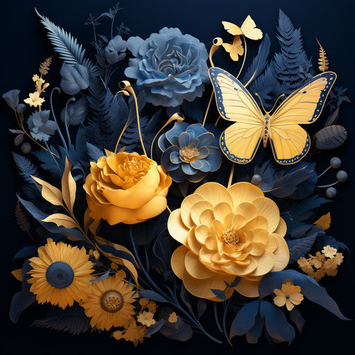 Flowers and butterflies in atmospheric blue style