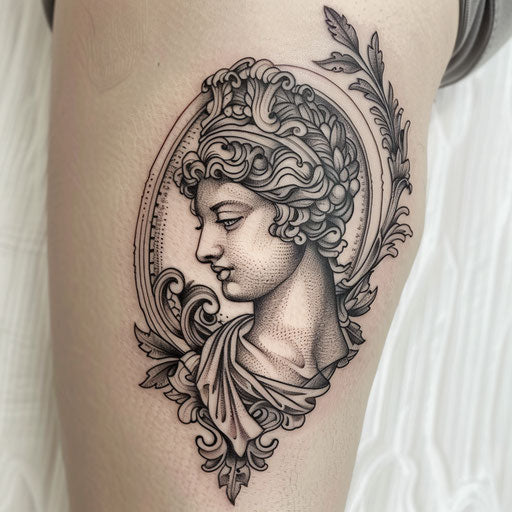 Elegantly detailed black and grey tattoo of a Roman goddess