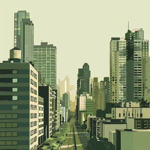 City clipart with muted olive background, soft gradients and linework