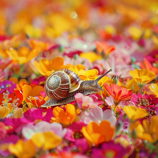 A snail on a bed of colorful flowers in the style of Roeselien Raimond
