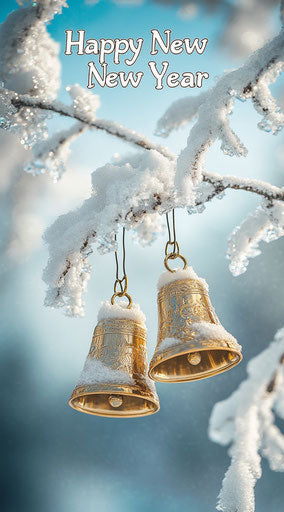New Year's greeting card with golden bells in the snow