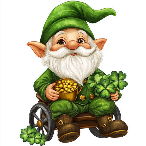 St. Patrick's Day, happy gnome with pot of gold and shamrock leaves, cartoon vector sticker