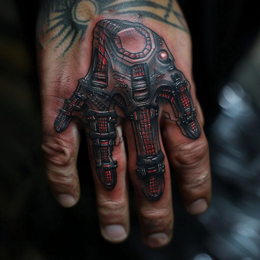 Finger tattoo with cybernetic elements, Adrian Smith style
