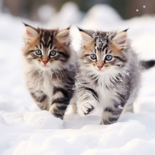 Norwegian forest cat kittens playing in the snow